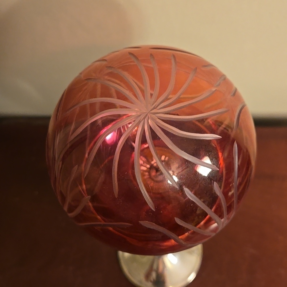 Cranberry Glass Etched Kugel Ornament 5 inches tall - Picture 3 of 5